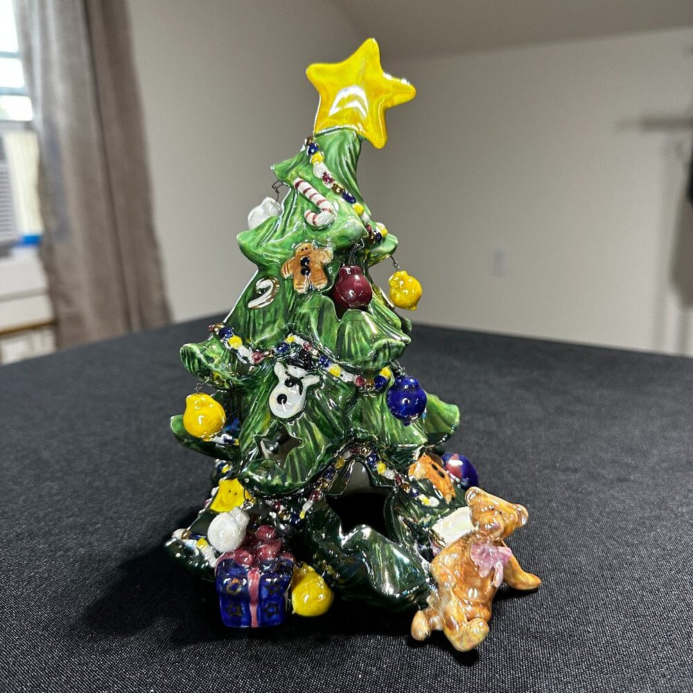 Vtg 7.5" Ceramic Iridescent Christmas Tree Tea Light Cutouts